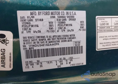 1999 Ford Explorer Eddie Bauer/Limited/Xlt из США, поврежденный, VIN 1FMDU34E1XZA44295